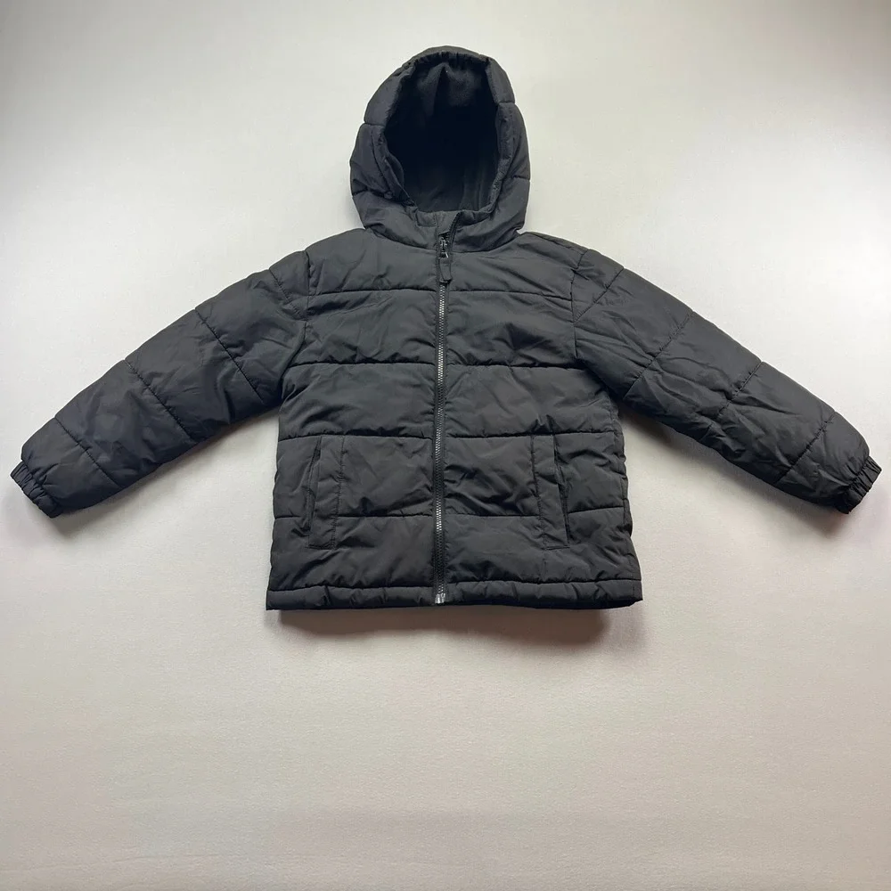 Swiss Tech Puffer Jacket Kids Small 6-7 Black Hooded Full Zip Thermal Insulated